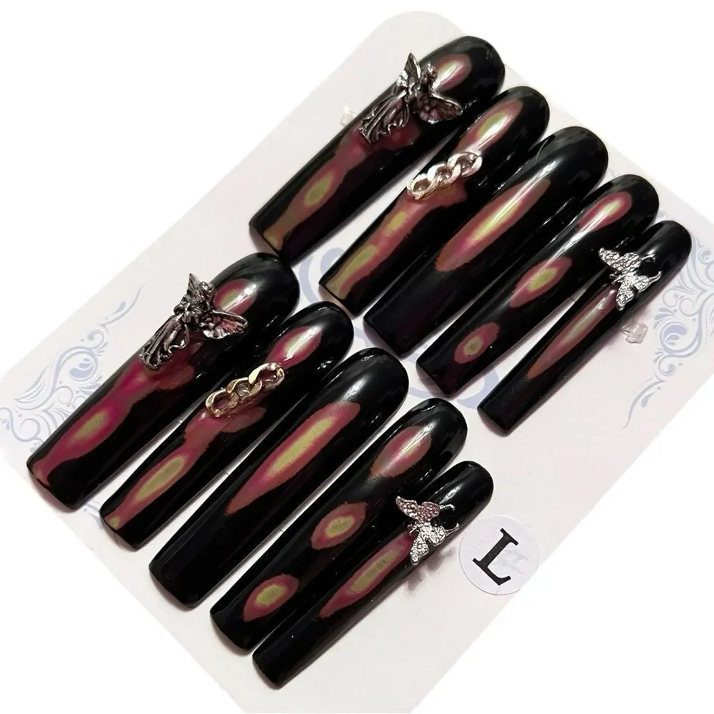Stylish Handmade Black Angel Butterfly Extra Long Press-On Nails Size L
